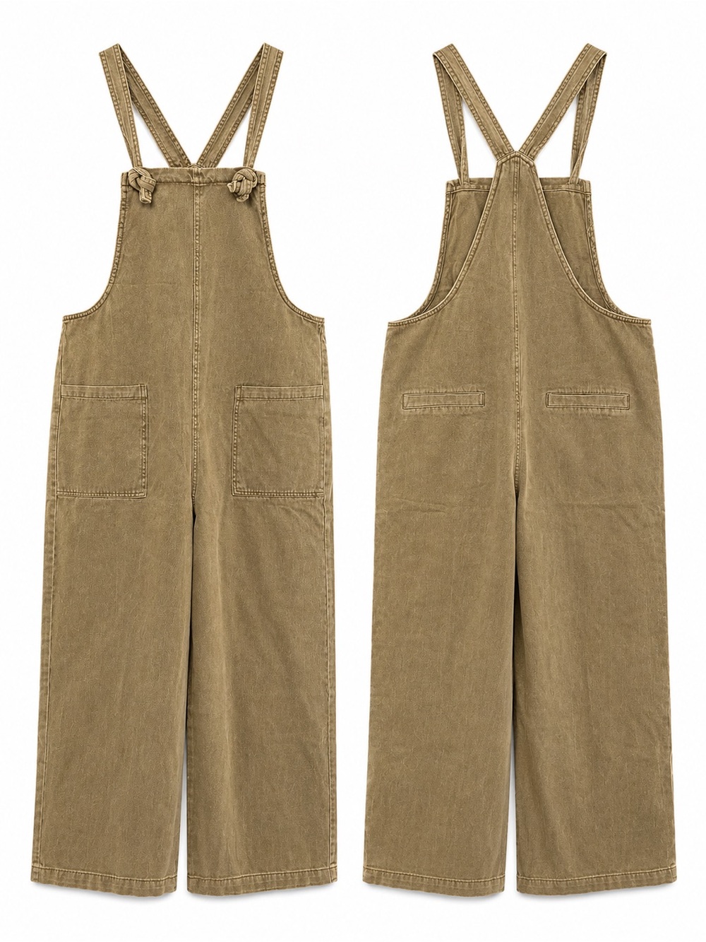 NWT Zenana Khaki Denim Overall Jumpsuit Womens M Wide Leg Tie Strap Pockets - Picture 2 of 4